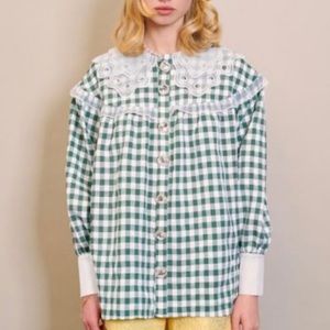 SisterJane Dream Check Ruffle Blouse. NWT.